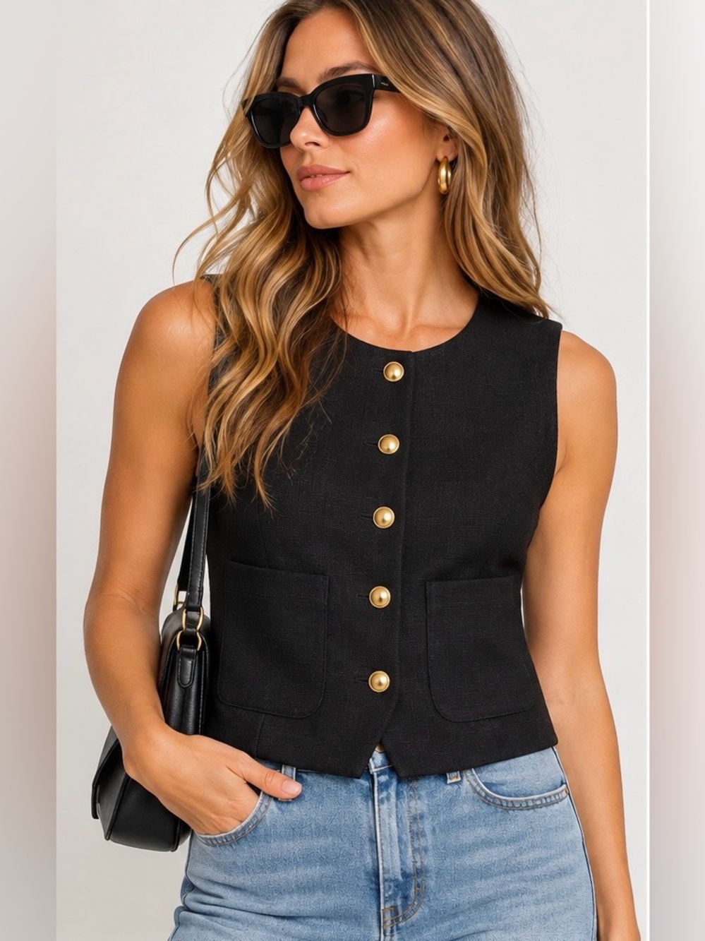 DAZY Black Crew Neck Tailored Vest Jacket Gold Buttons Medium